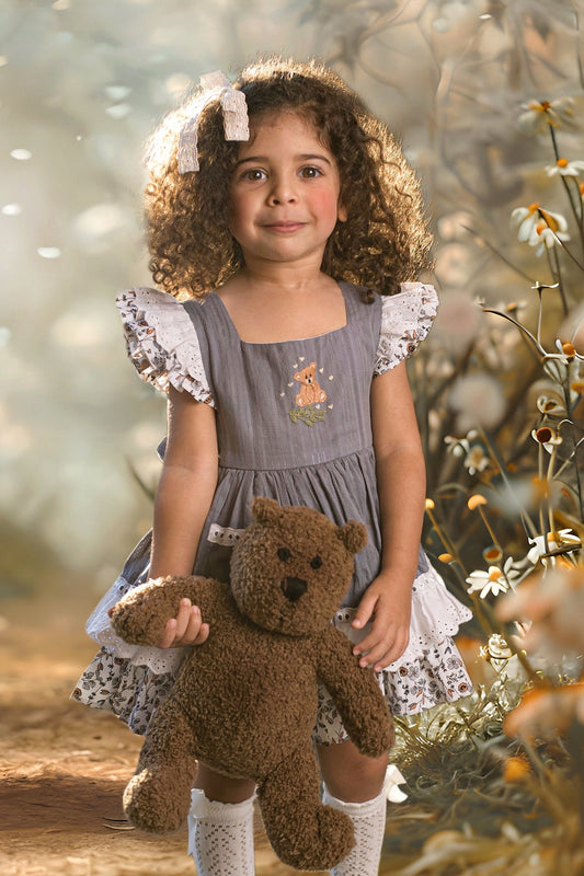 Willow's Bear with Blossoms vintage pinafore and blooms