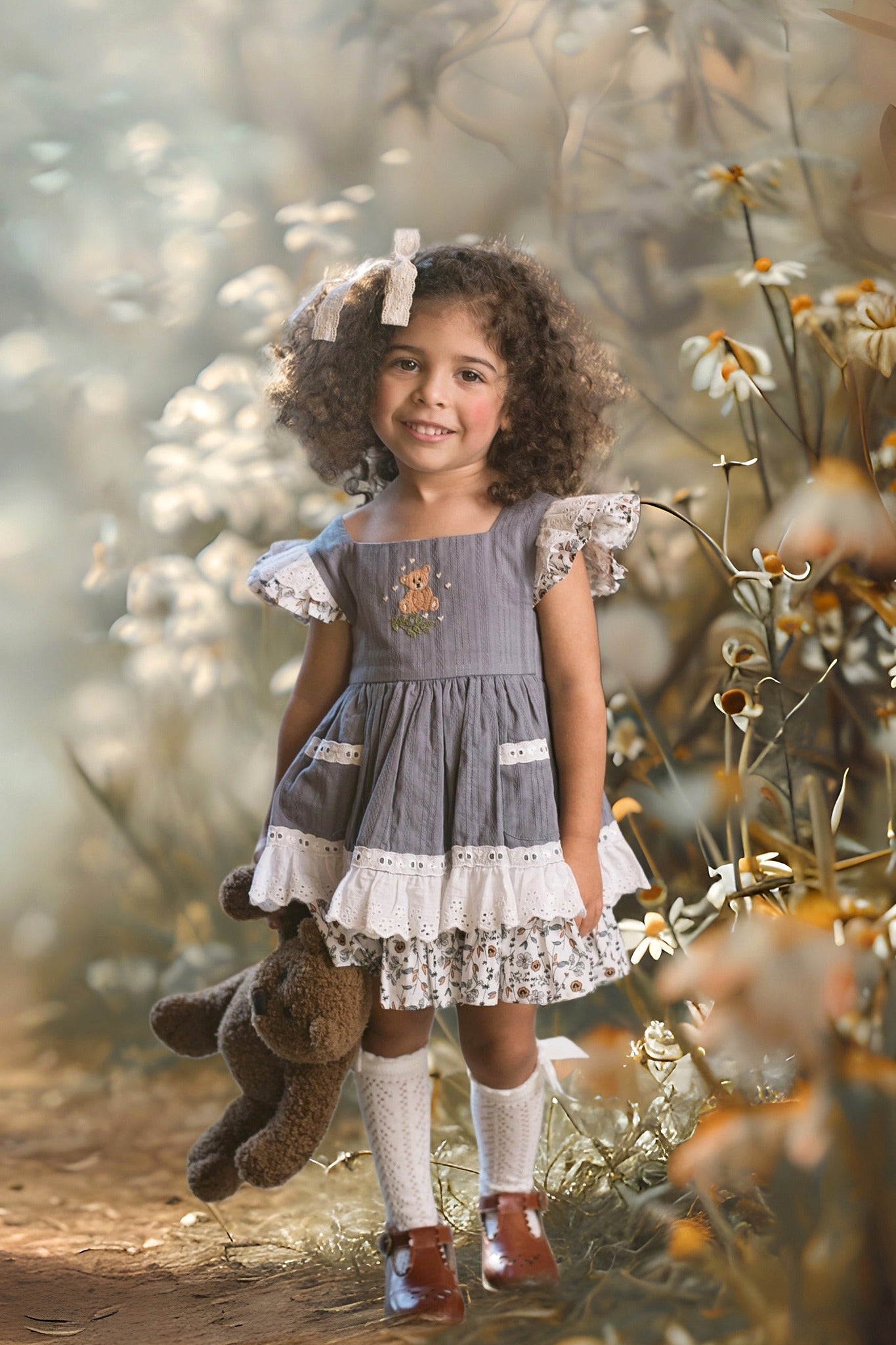 Willow's Bear with Blossoms vintage pinafore and blooms