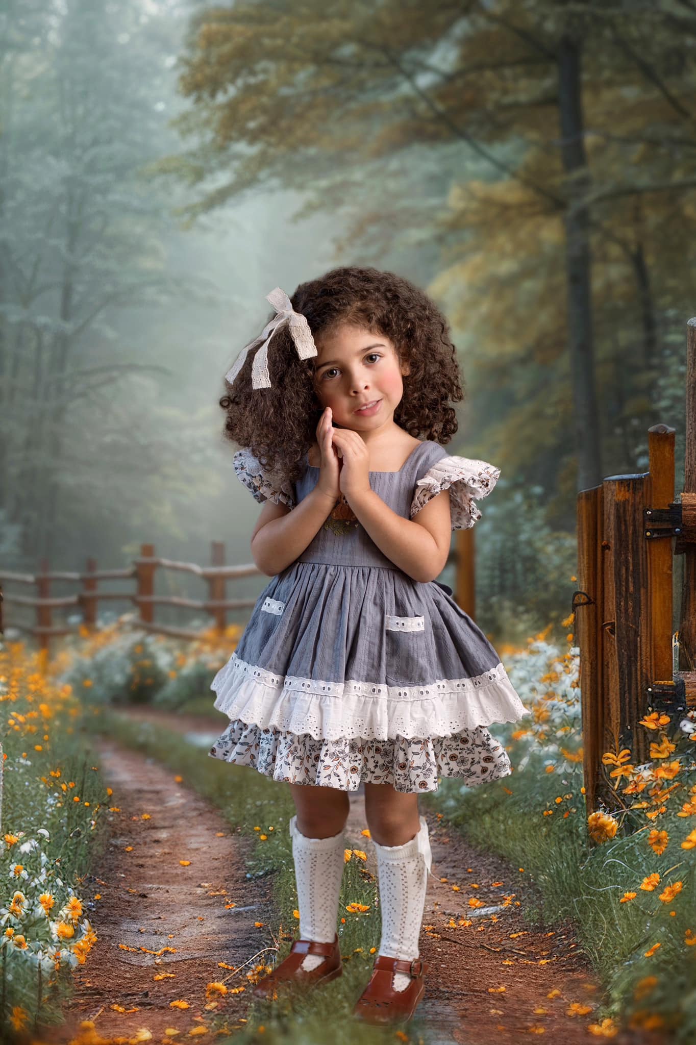 Willow's Bear with Blossoms vintage pinafore and blooms
