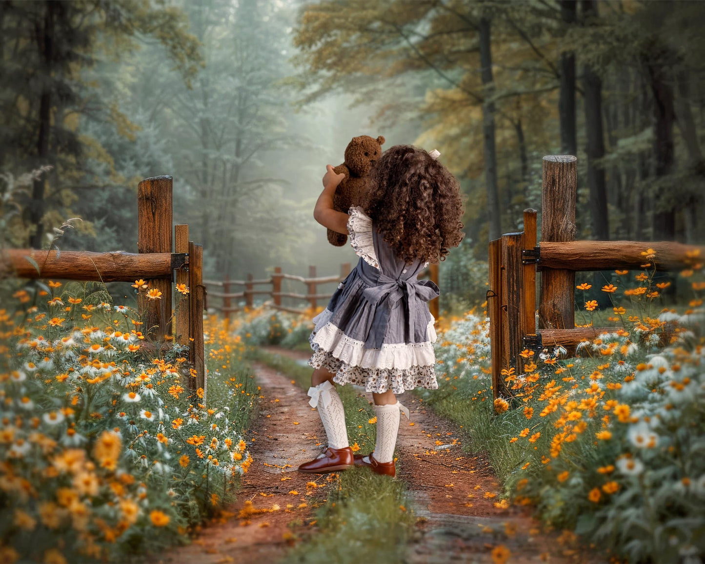 Willow's Bear with Blossoms vintage pinafore and blooms