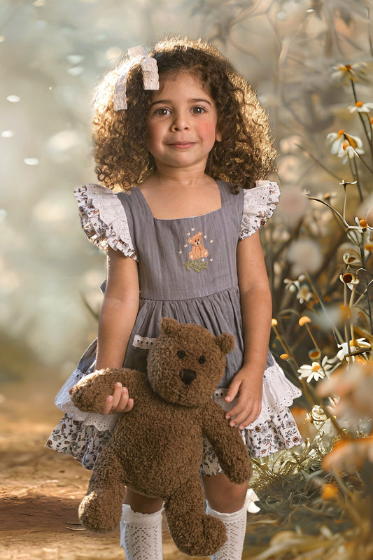 Willow's Bear with Blossoms vintage pinafore and blooms - PREORDER