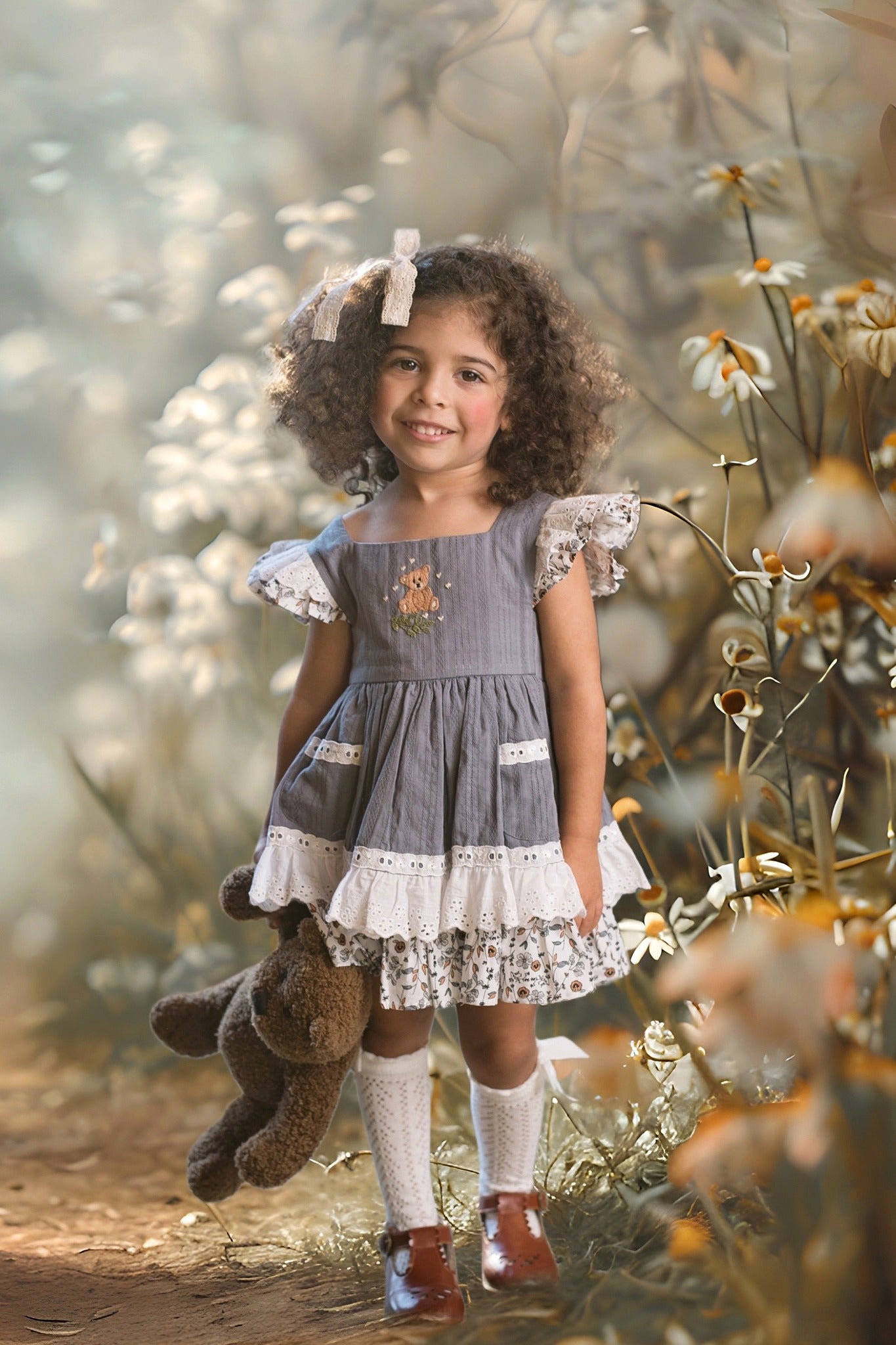 Willow's Bear with Blossoms vintage pinafore and blooms - PREORDER