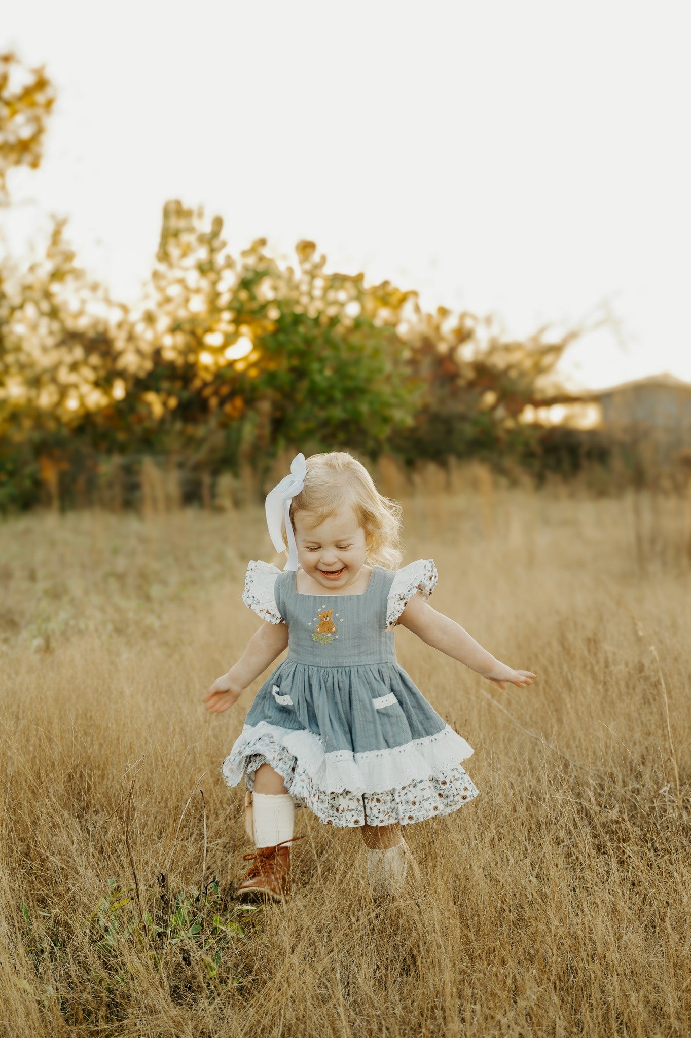 Willow's Bear with Blossoms vintage pinafore and blooms - PREORDER