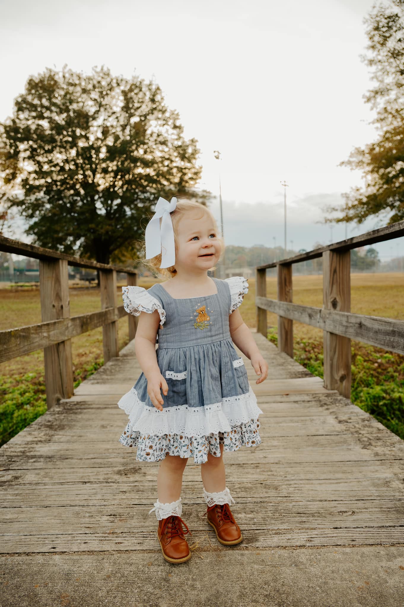 Willow's Bear with Blossoms vintage pinafore and blooms - PREORDER