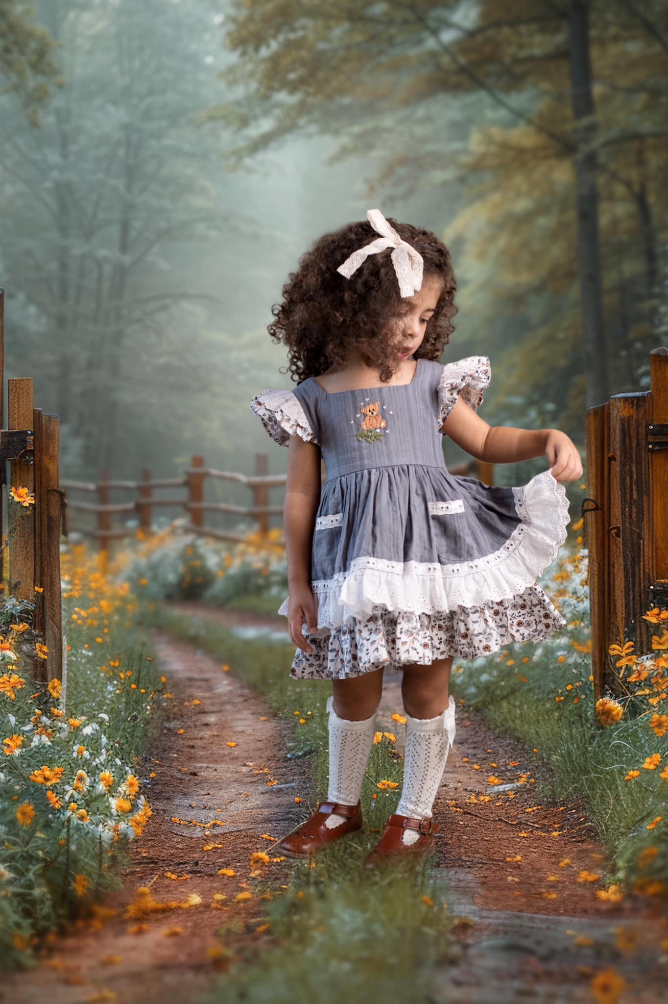 Willow's Bear with Blossoms vintage pinafore and blooms - PREORDER