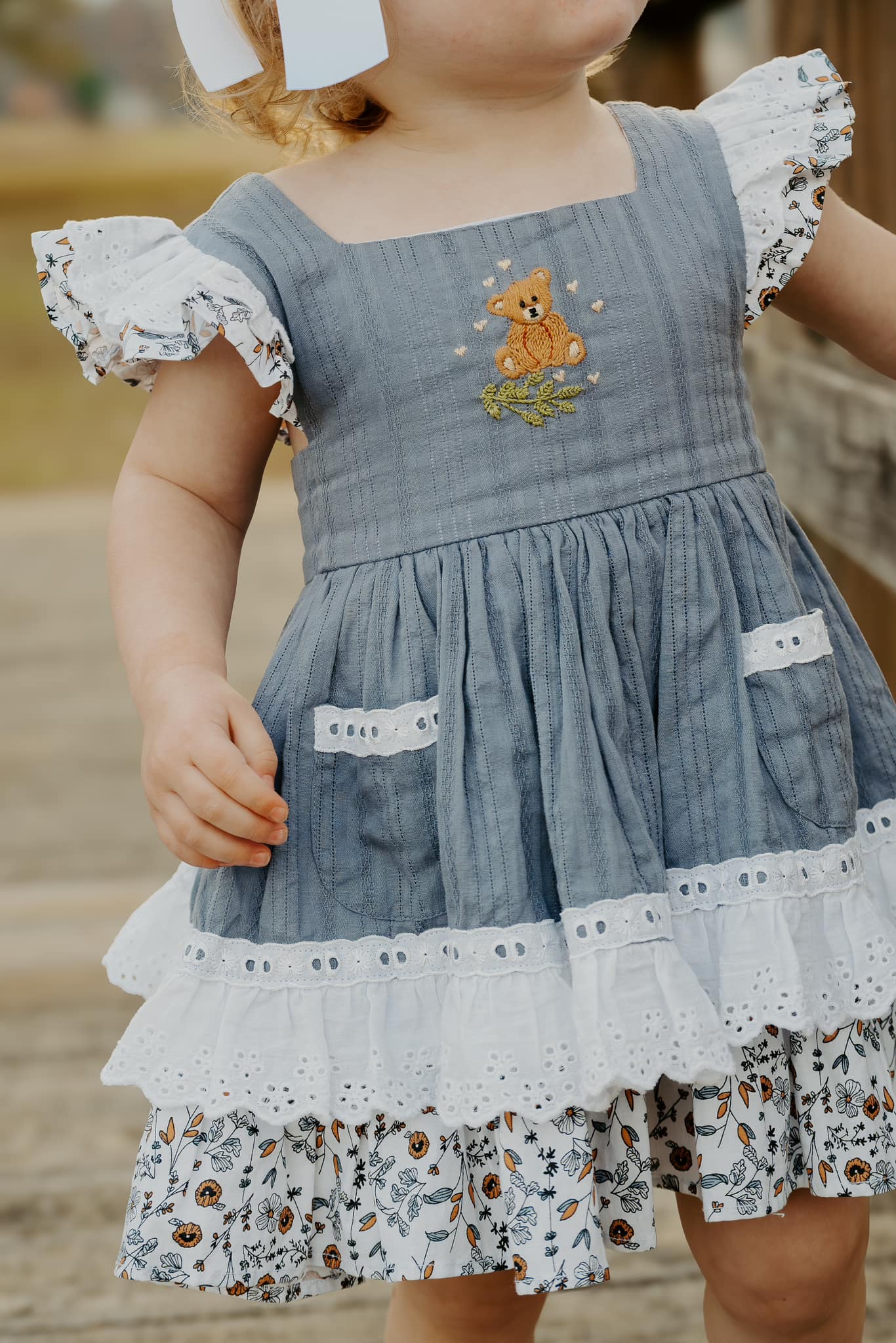 Willow's Bear with Blossoms vintage pinafore and blooms - PREORDER