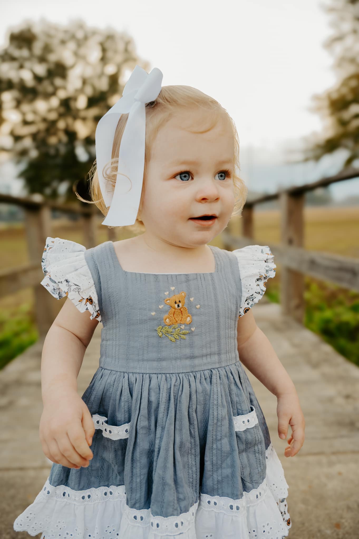 Willow's Bear with Blossoms vintage pinafore and blooms - PREORDER